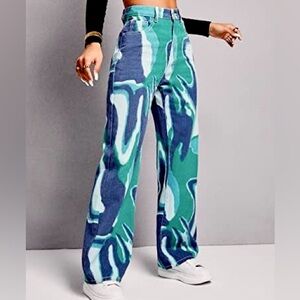 Wide Leg Printed Denim Jeans